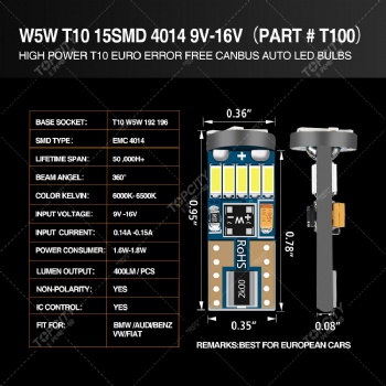 Led T10 15SMD-4014示寬燈,閱讀燈,儀表燈,牌照燈